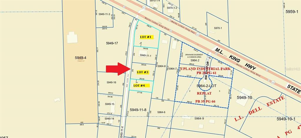 This is a land survey map showing property lot boundaries and road locations — NW 104TH TERRACE, ALACHUA, FL