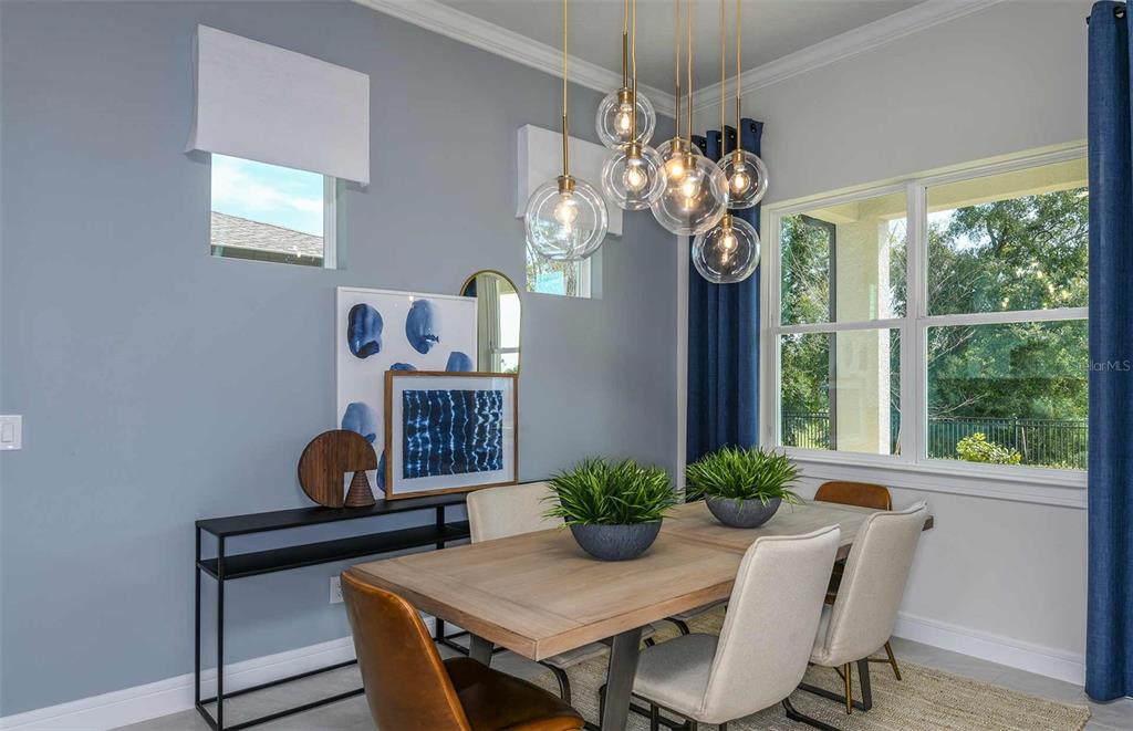 A dining room features a wooden table, upholstered chairs, a modern glass chandelier, and blue walls — 5778 SW 82ND TERRACE ROAD, OCALA, FL