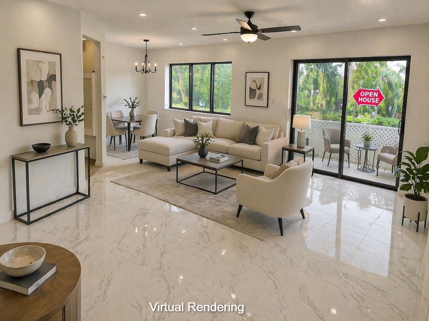 This virtual rendering shows a living room with marble floors, a sectional sofa, and balcony — 1967 S Ocean Boulevard # 221d, Pompano Beach FL 33062, POMPANO BEACH, FL