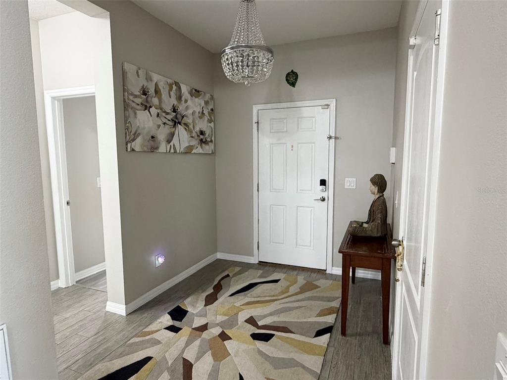 An entryway features gray wood-look flooring, a crystal chandelier, a patterned rug, and a white door — 3272 MANGROVE ISLAND DRIVE, ORLANDO, FL