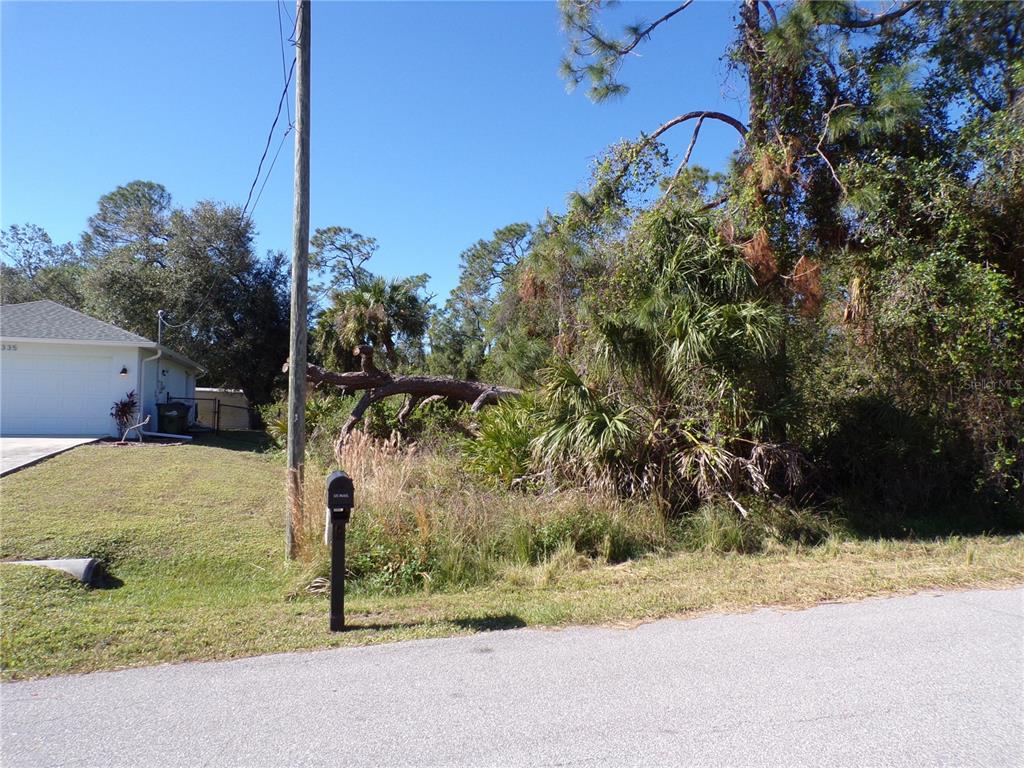 A vacant, overgrown residential lot sits next to a house with a driveway and mailbox — NORA LANE, NORTH PORT, FL