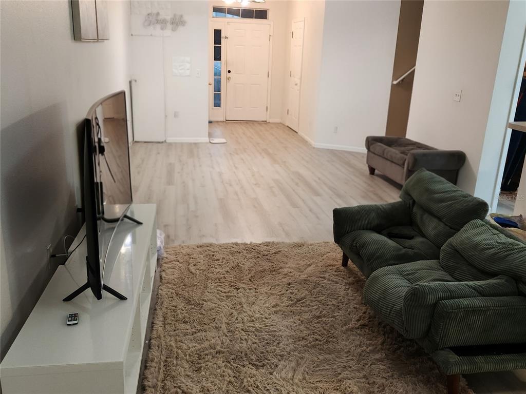 A living room features light wood-look flooring, a television on a white stand, and furniture — 9611 CARLSDALE DRIVE, RIVERVIEW, FL