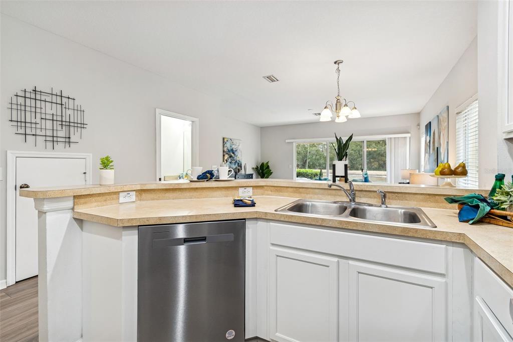 A kitchen with white cabinets, a stainless steel dishwasher, and a tan laminate countertop — 20461 BERRYWOOD LANE, TAMPA, FL