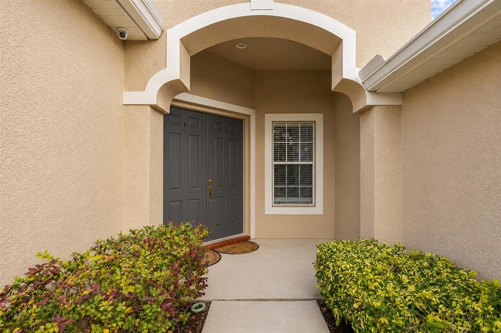 A covered entryway features a double front door, a single window, and two small bushes — 22623 CLIFFSIDE WAY, LAND O LAKES, FL