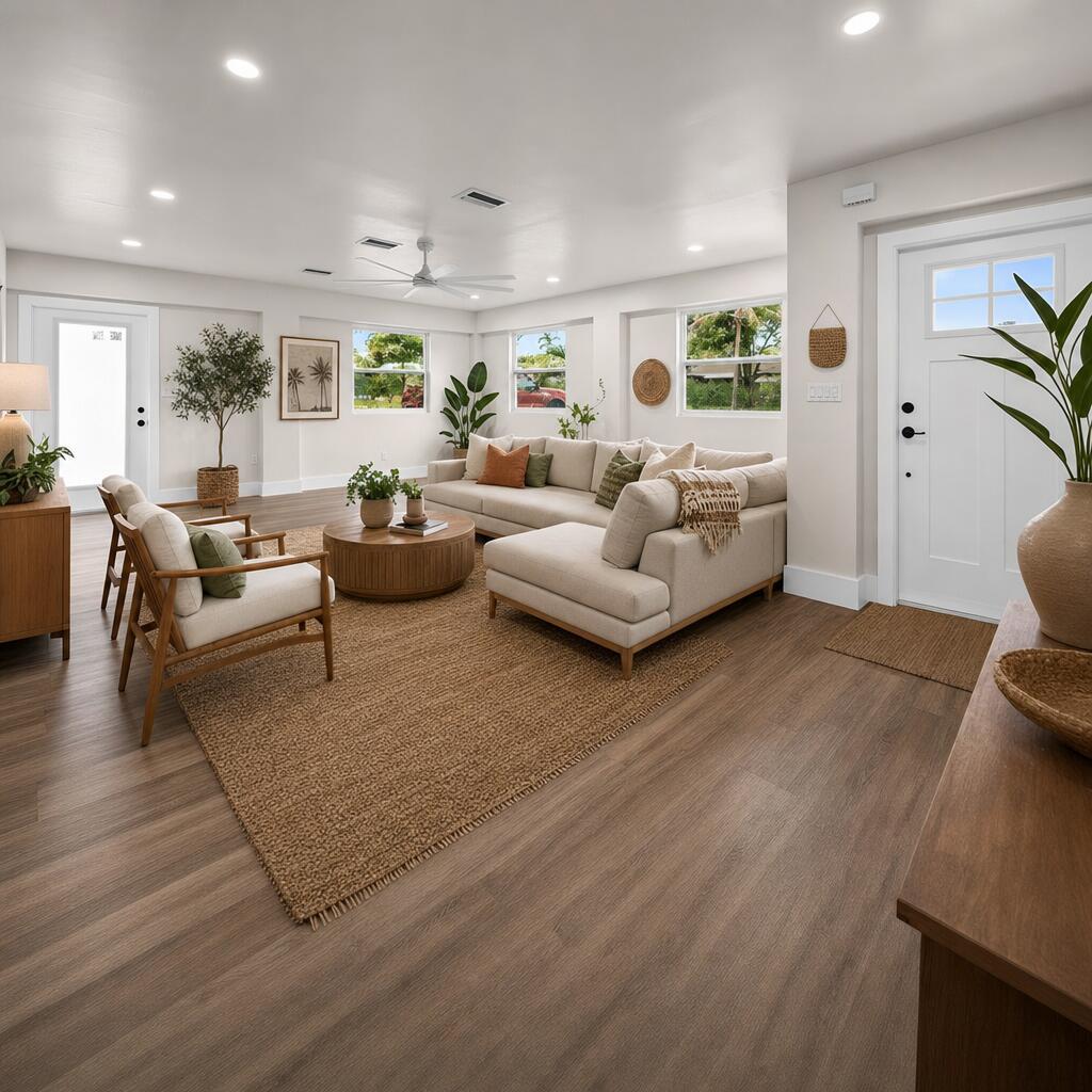 A bright living room features light wood flooring, a sectional sofa, and a round coffee table — 426 Bayberry Drive, West Palm Beach FL 33403, WEST PALM BEACH, FL
