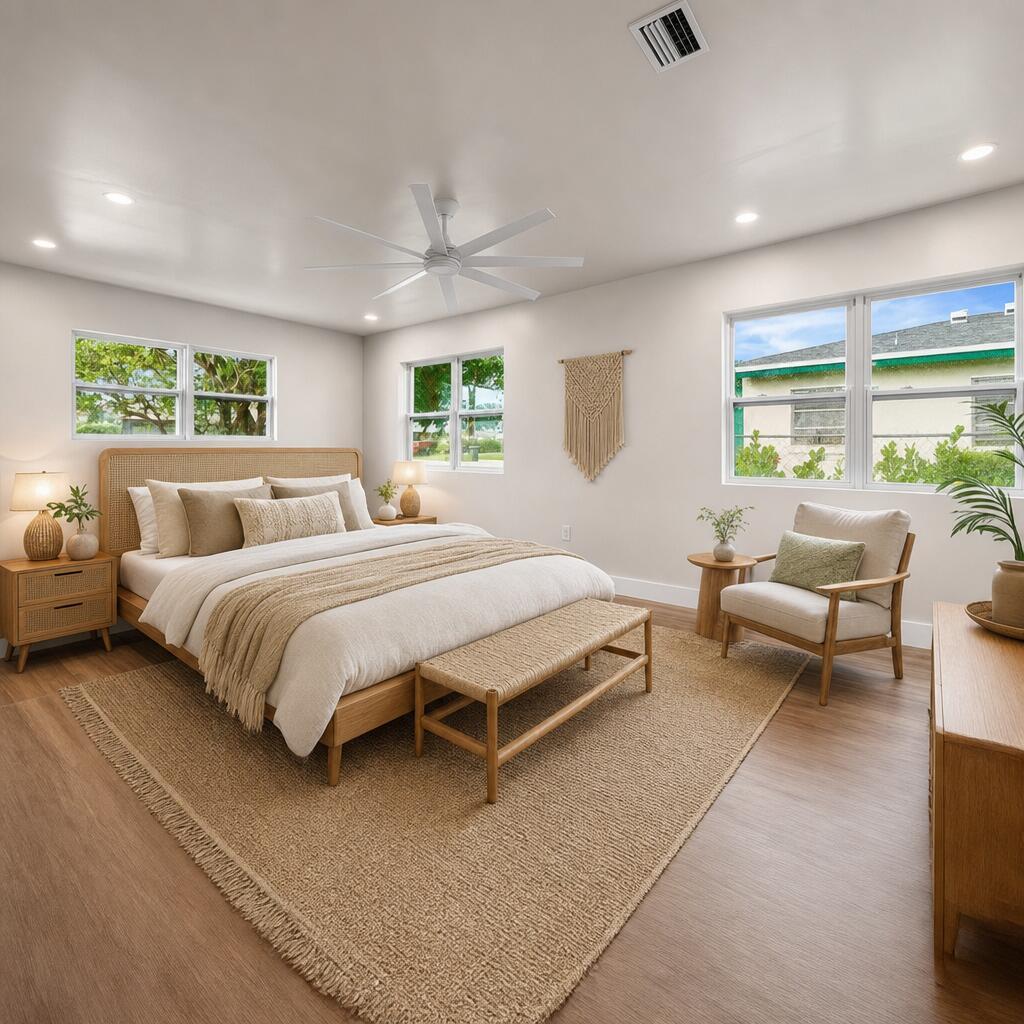 This is a rendering of a modern bedroom with a rattan bed and neutral decor — 426 Bayberry Drive, West Palm Beach FL 33403, WEST PALM BEACH, FL