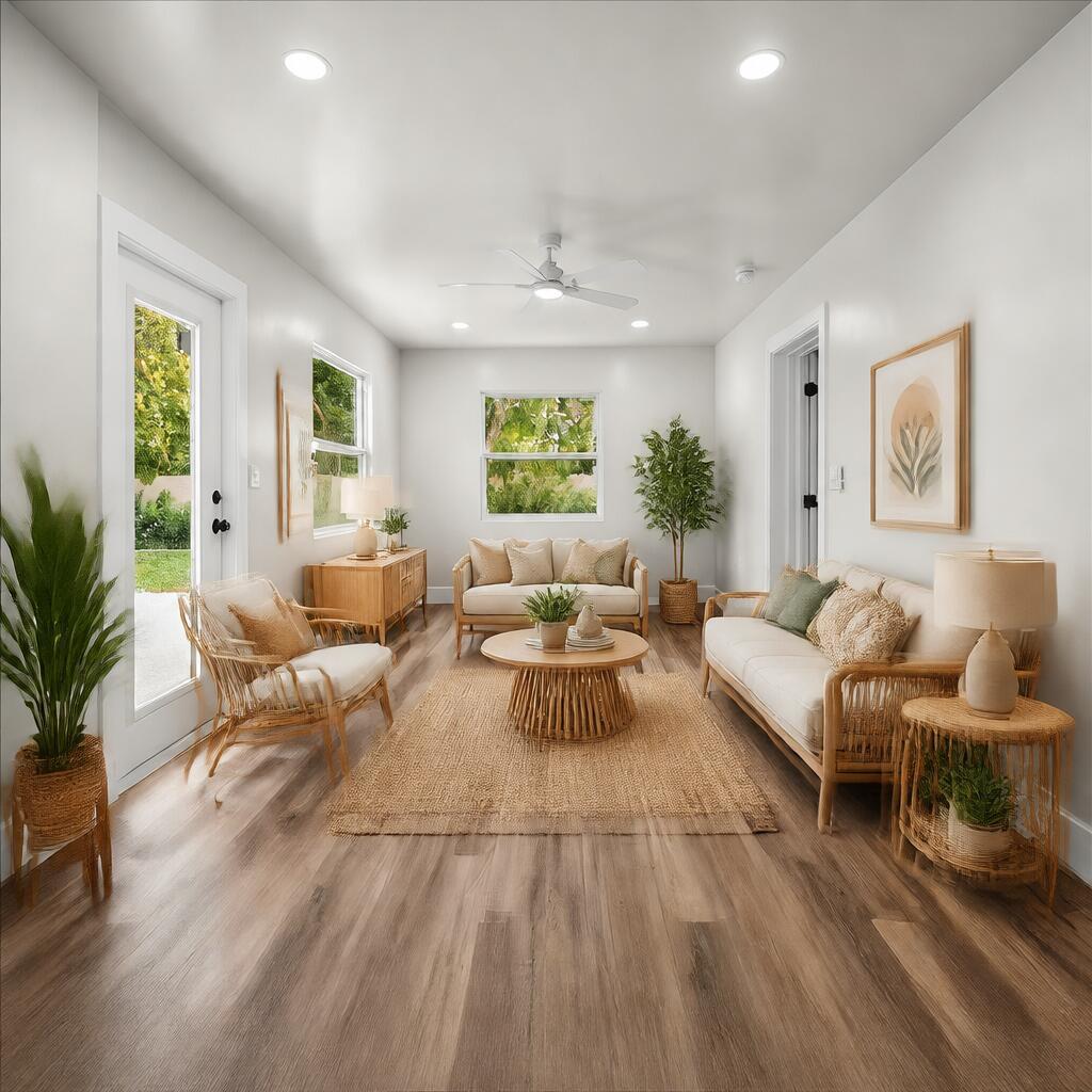 This rendering shows a bright living room with light wood flooring and rattan furniture — 426 Bayberry Drive, West Palm Beach FL 33403, WEST PALM BEACH, FL