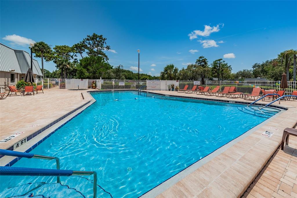 A swimming pool with lounge chairs on a patio under a clear blue sky — 11905 BAYONET LANE, NEW PORT RICHEY, FL