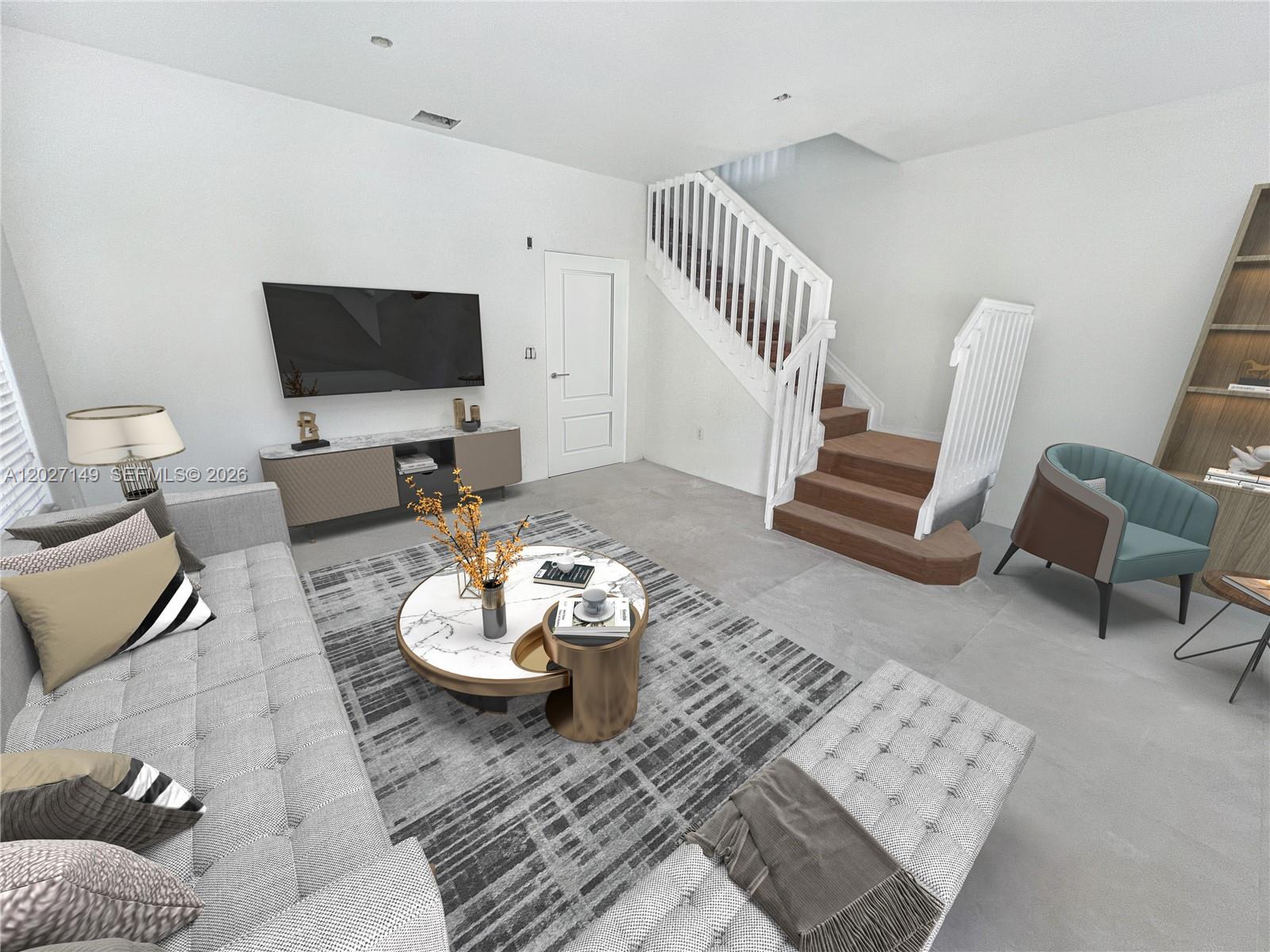 This is a digital rendering of a modern living room featuring a staircase and furniture — 10754 NW 85th Ter # 34, Doral FL 33178, DORAL, FL