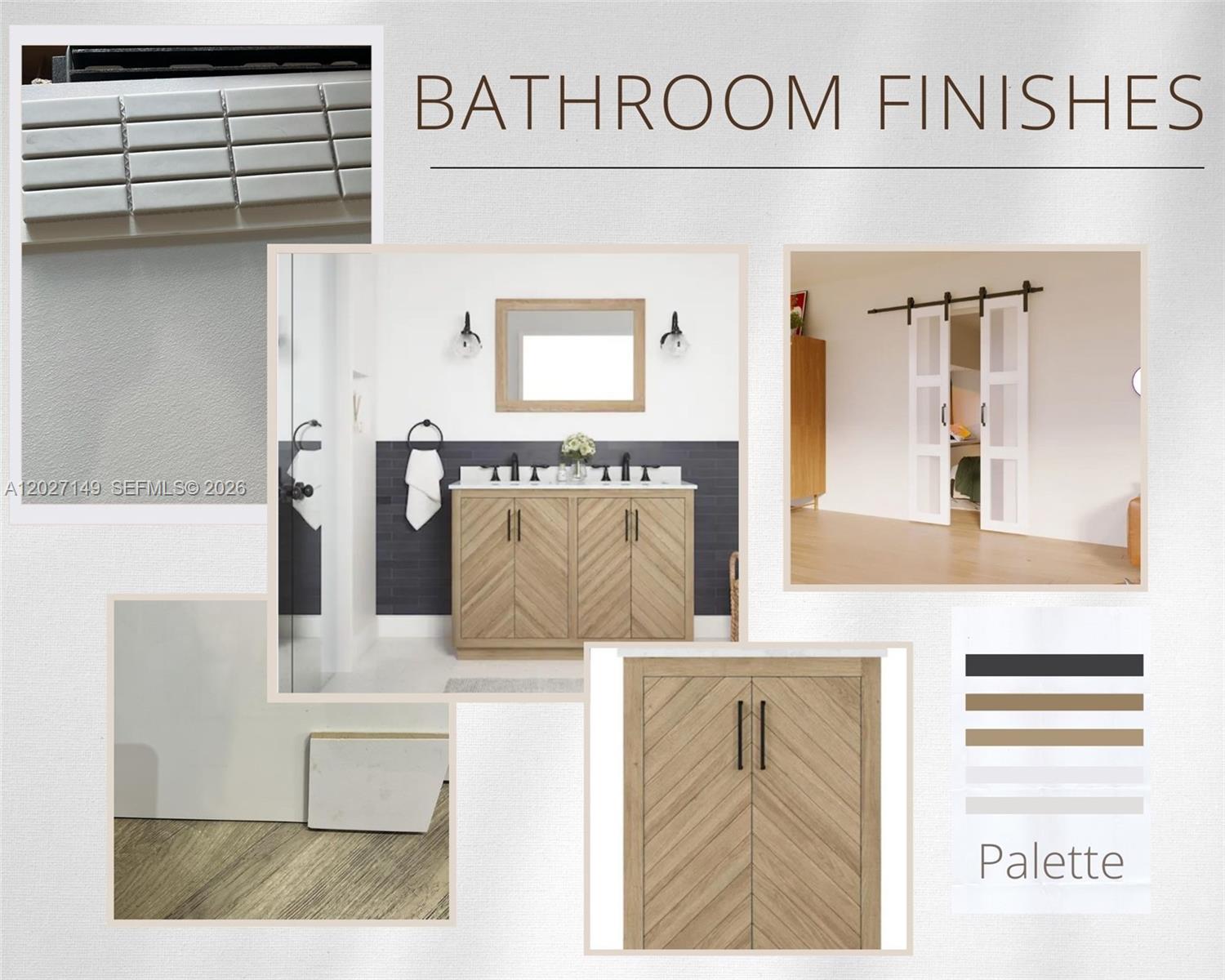 This collage displays bathroom finishes, including a vanity, tile samples, and a color palette — 10754 NW 85th Ter # 34, Doral FL 33178, DORAL, FL