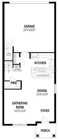 This floor plan shows a garage, kitchen, dining area, gathering room, powder room, and front porch — 10039 GAZEBO ALLEY, ORLANDO, FL
