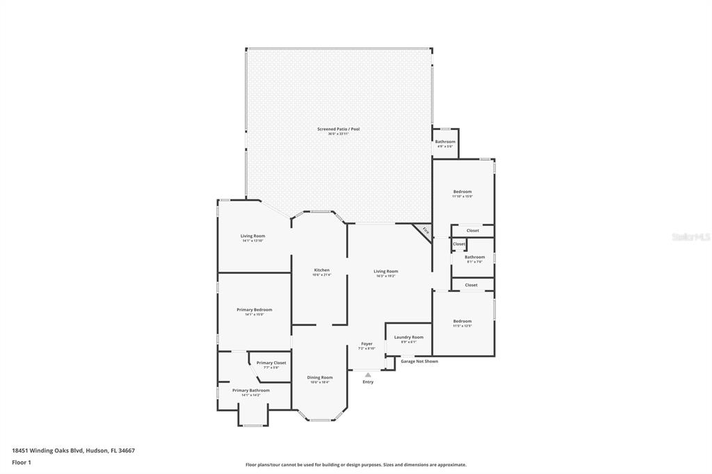 This is a floor plan of a single-story house featuring a pool and screened patio — 18451 WINDING OAKS BOULEVARD, HUDSON, FL