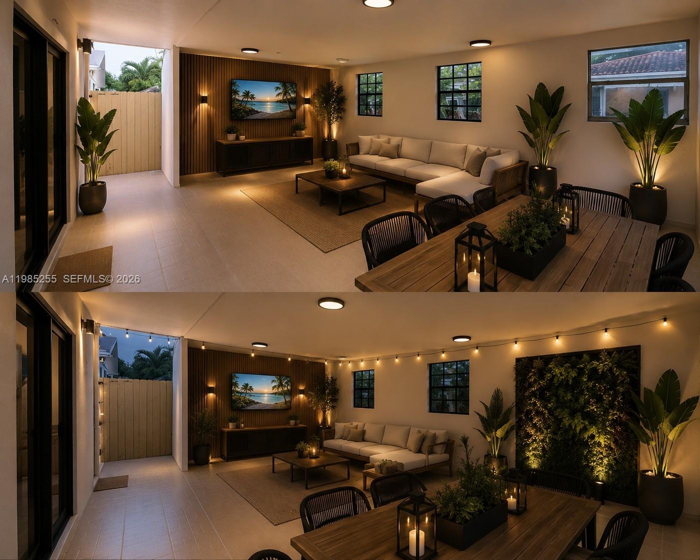 This is a rendering of an outdoor patio featuring a lounge area and dining table — 370 Flagami Blvd, Miami FL 33144, MIAMI, FL