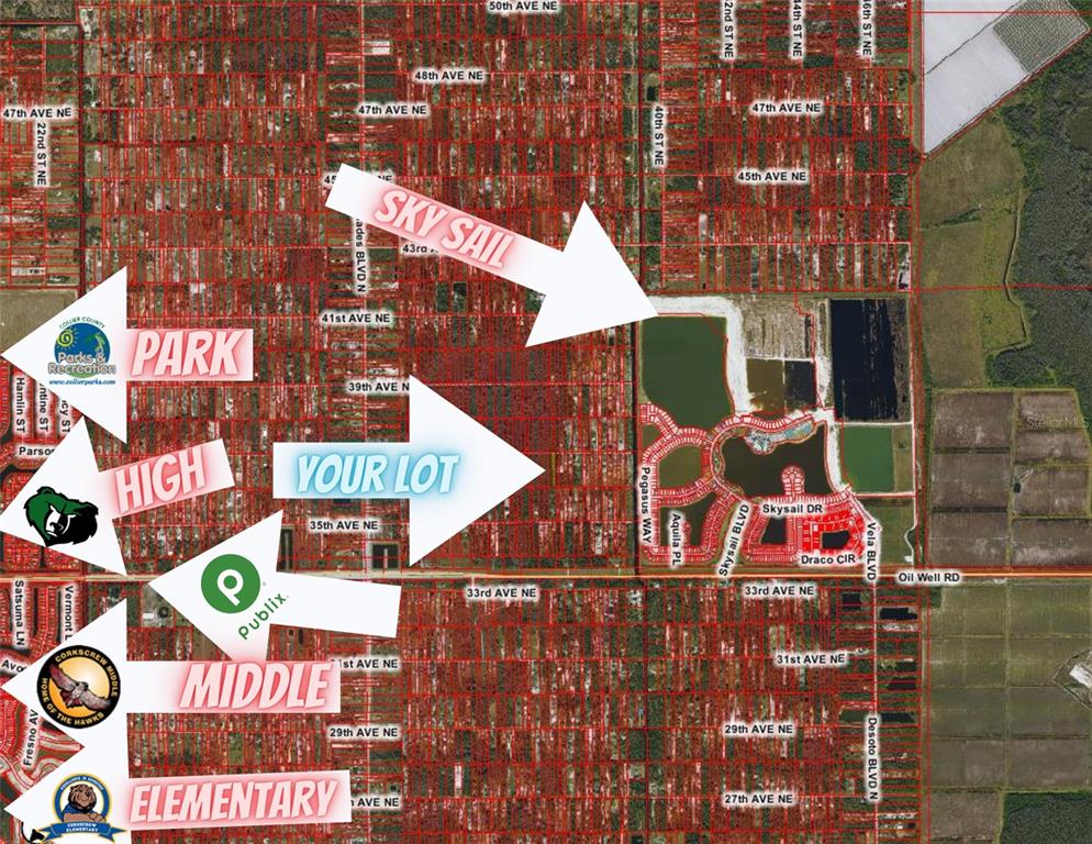 This map shows a residential area with arrows pointing to a lot, schools, and parks — xxx37 TH AVE NE, NAPLES, FL