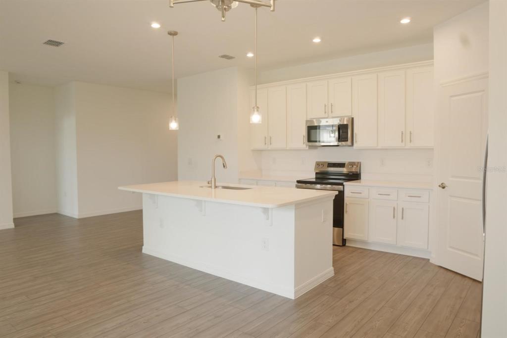 A modern kitchen features white cabinets, a central island with a sink, and wood-look flooring — 1762 FLAG STREET, HAINES CITY, FL