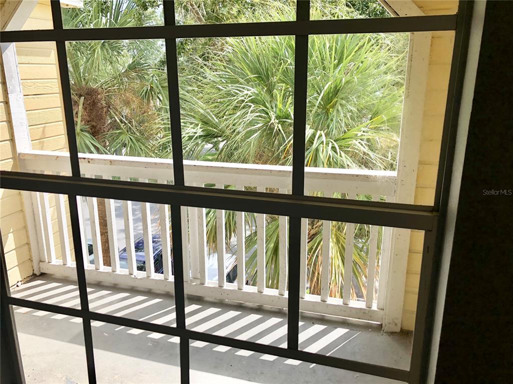 A view through a screen door looking out onto a balcony with palm trees — 1037 S HIAWASSEE ROAD UNIT 2835, ORLANDO, FL