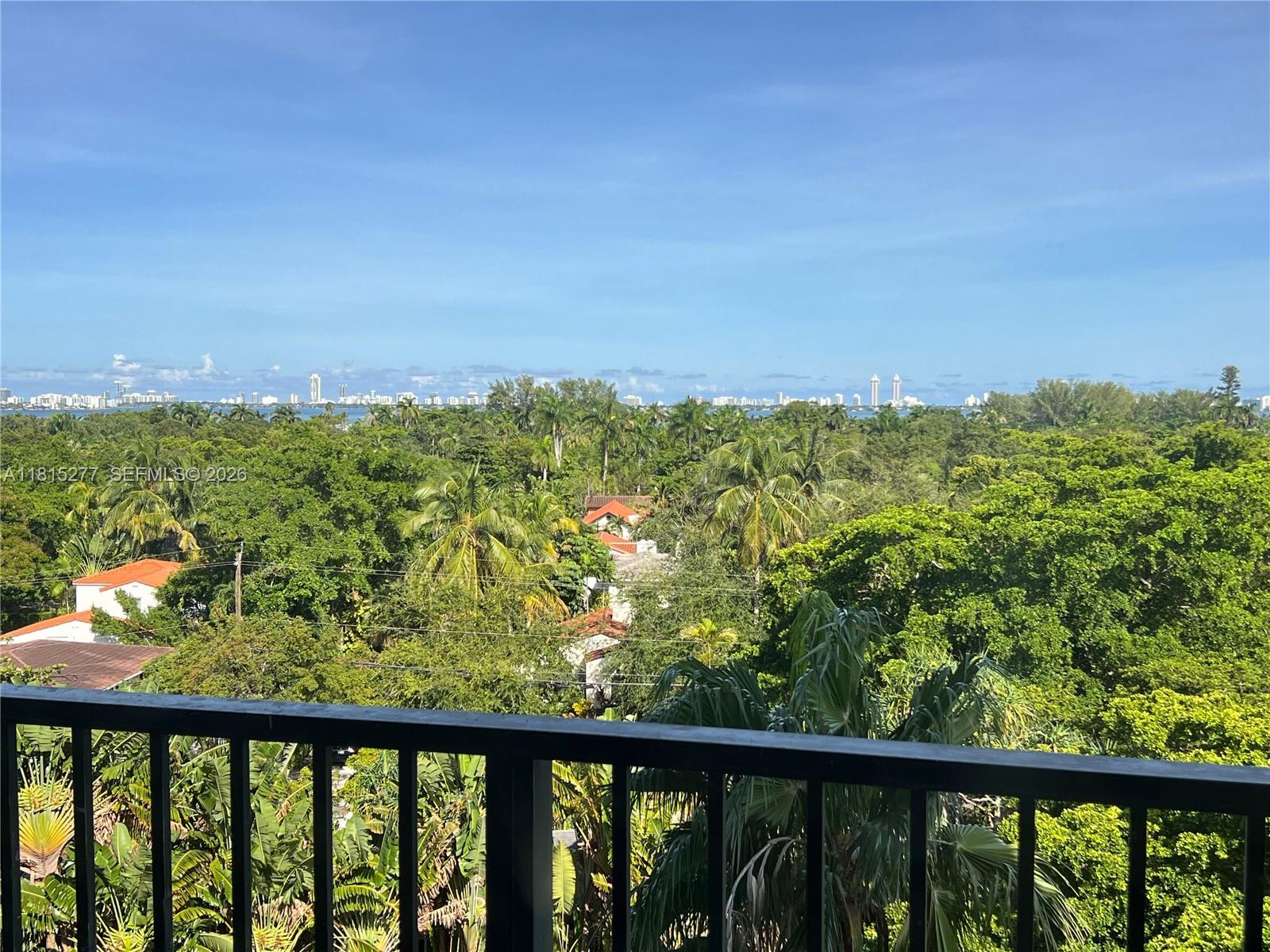 A balcony overlooks a dense canopy of trees with a distant city skyline in view — 5701 Biscayne Blvd # 701, Miami FL 33137, MIAMI, FL