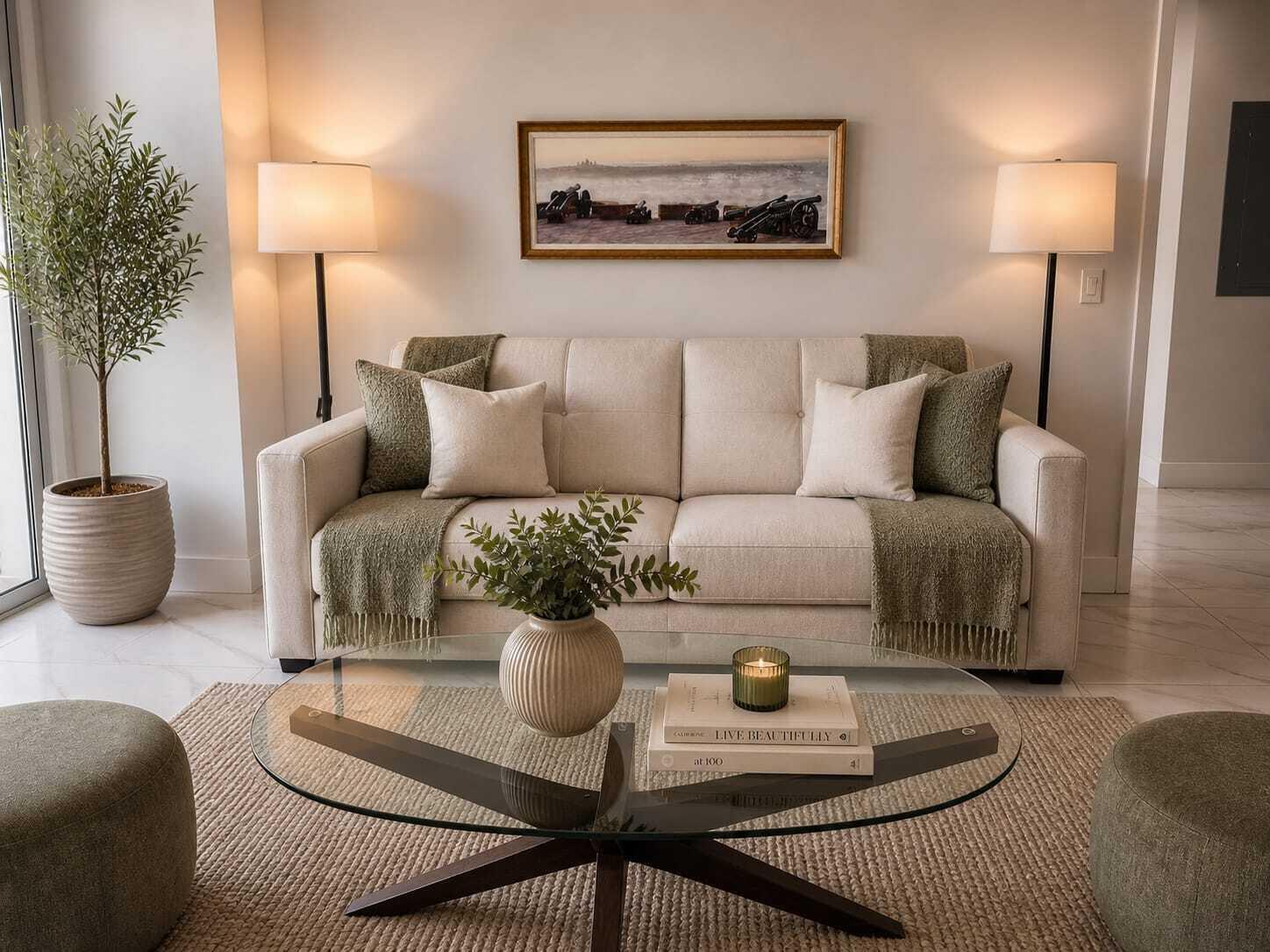 A living room features a beige sofa, glass coffee table, two floor lamps, and olive accents — 2000 Metropica Way # 507, Sunrise FL 33323, SUNRISE, FL