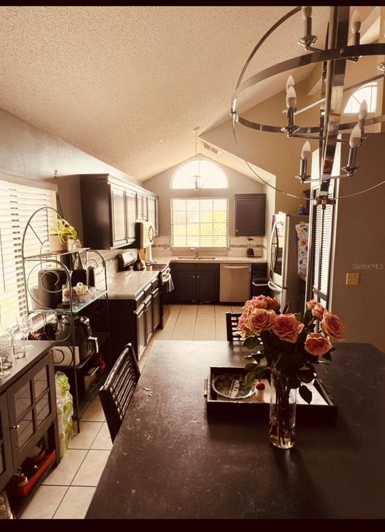A kitchen with dark cabinetry, stainless steel appliances, and a dining table with flowers — 3145 PELL MELL DRIVE, ORLANDO, FL