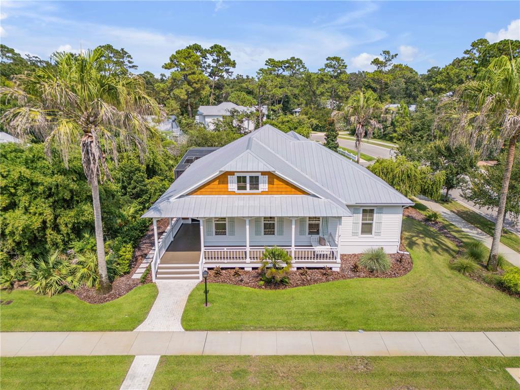 An elevated single-story house with a metal roof, front porch, and palm trees in front — 1902 KINGS, NEW SMYRNA BEACH, FL