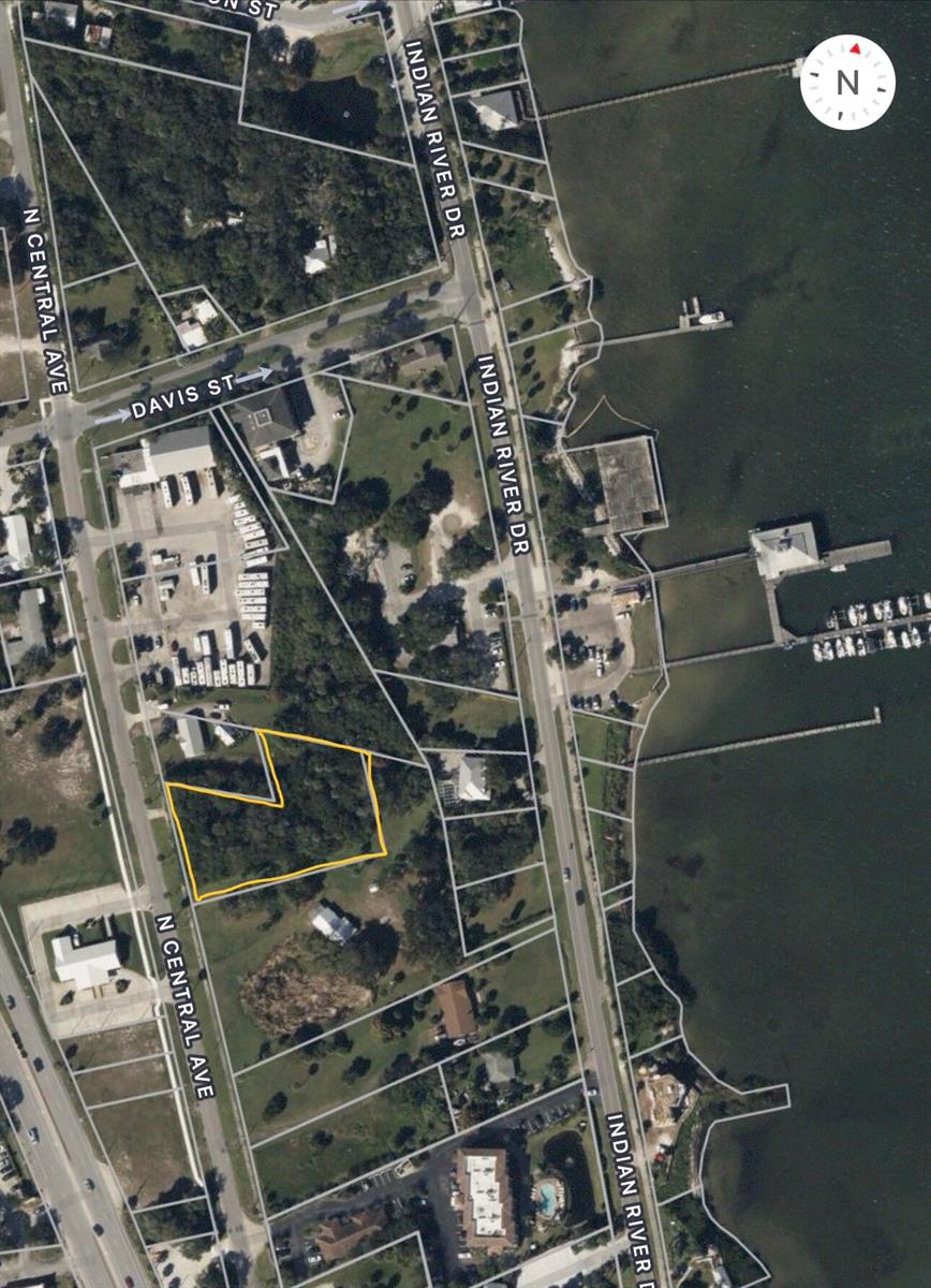 This is an aerial map showing a highlighted parcel of land near a waterfront road — 1654 N Central Avenue, Sebastian FL 32958, SEBASTIAN, FL