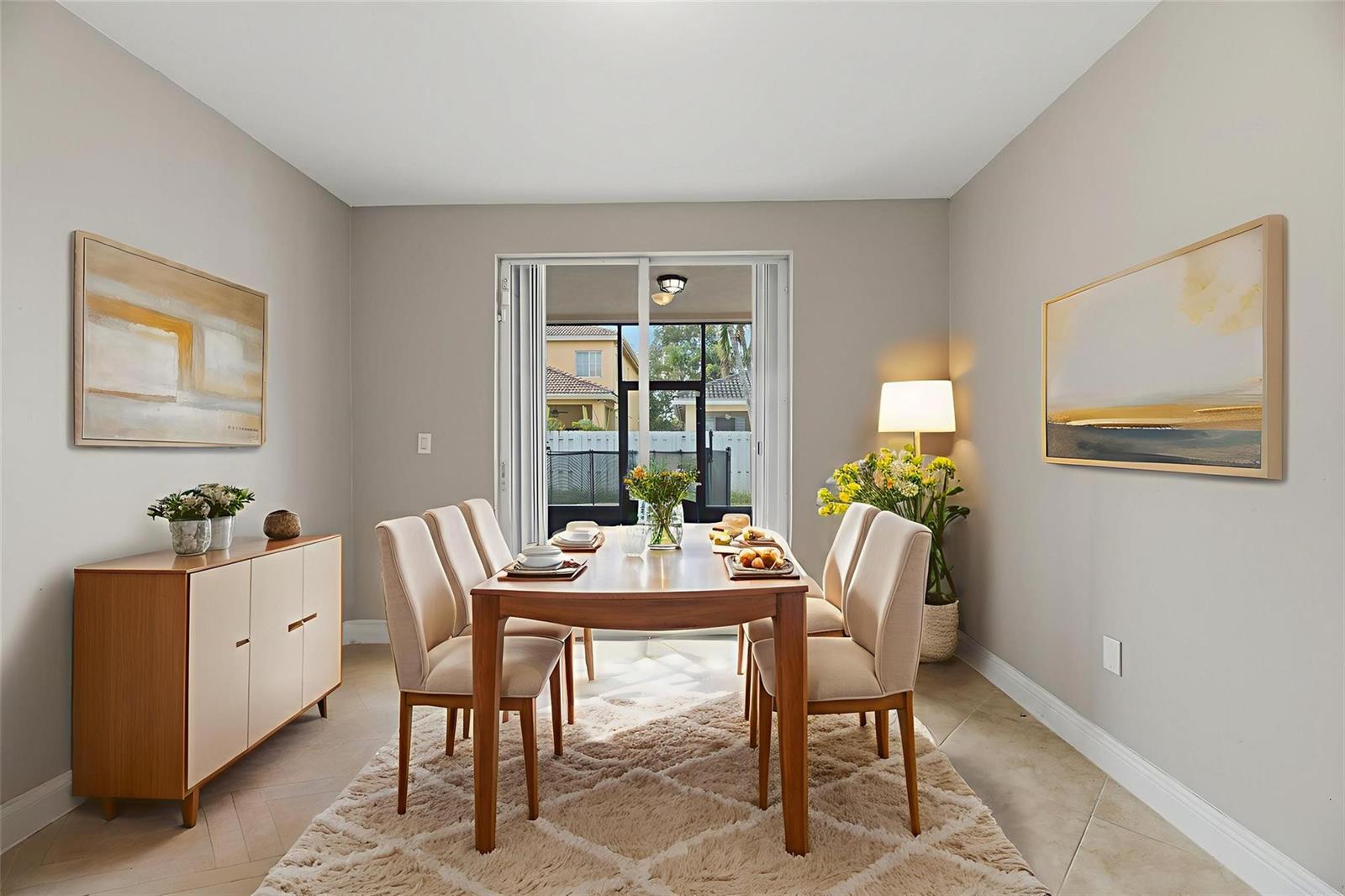 A dining room features a wooden table, six chairs, a sideboard, and a sliding glass door — 2332 SW 126th Avenue, Miramar FL 33027, MIRAMAR, FL
