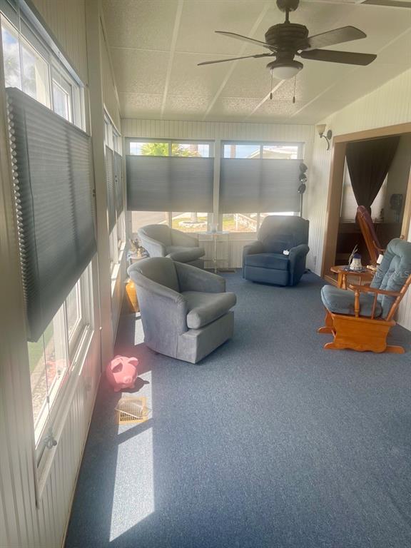 A sunroom with blue carpeting, a ceiling fan, and several armchairs near large windows — 152 SHADY LANE UNIT 152, PALMETTO, FL