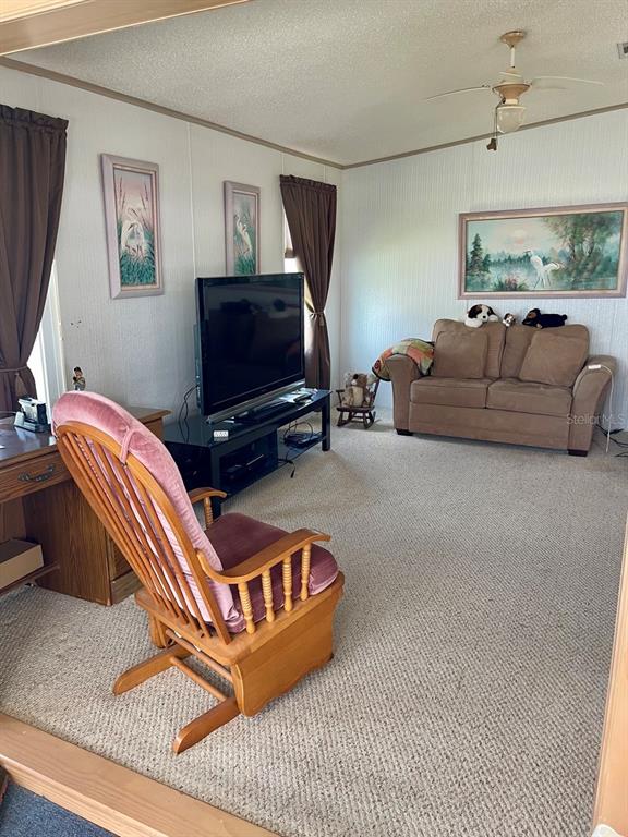 A living room features a brown sofa, a rocking chair, and a television on a stand — 152 SHADY LANE UNIT 152, PALMETTO, FL