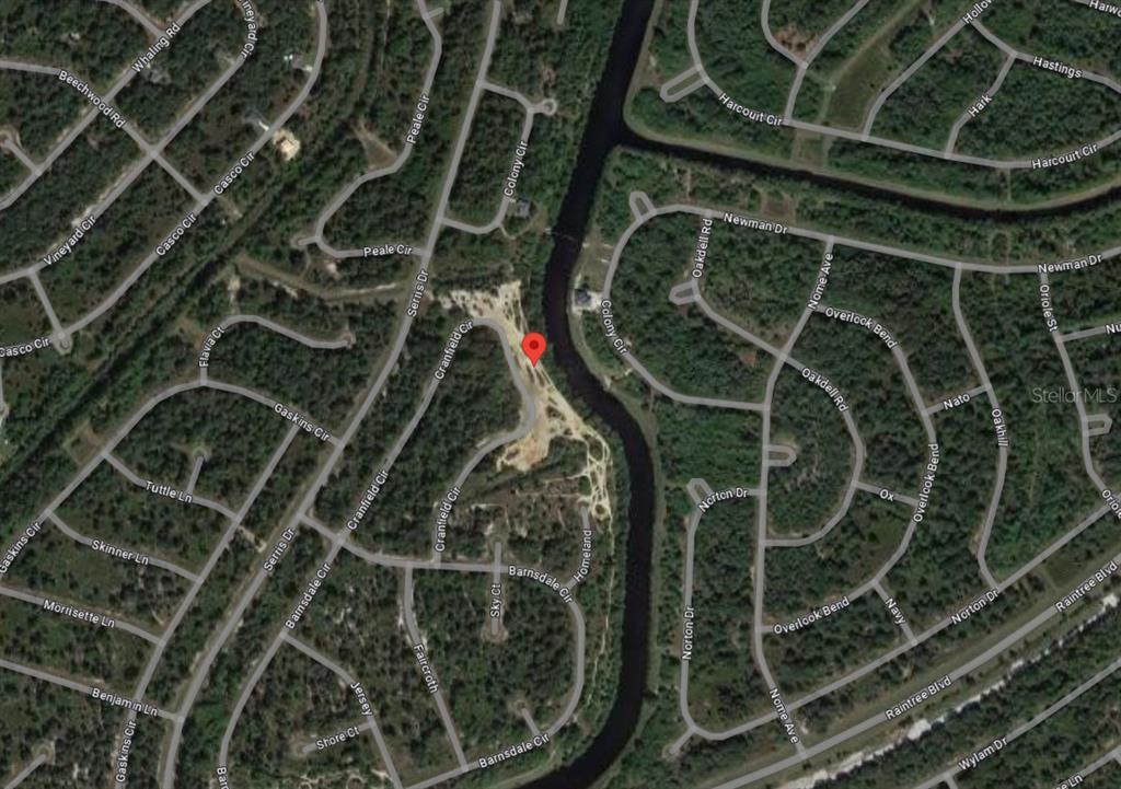 This is a satellite map view of a residential neighborhood with a red location marker — Lot 17 CRANFIELD CIRCLE, NORTH PORT, FL