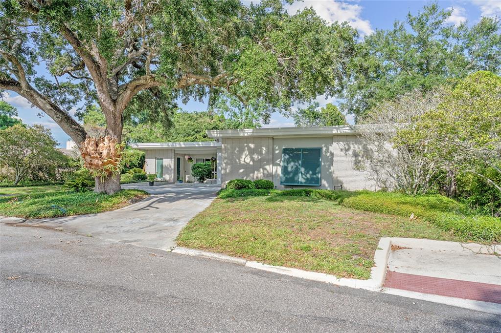 A single-story house with a brick exterior, flat roof, and a large tree in front — 338 BLUE HERON DRIVE, WINTER PARK, FL