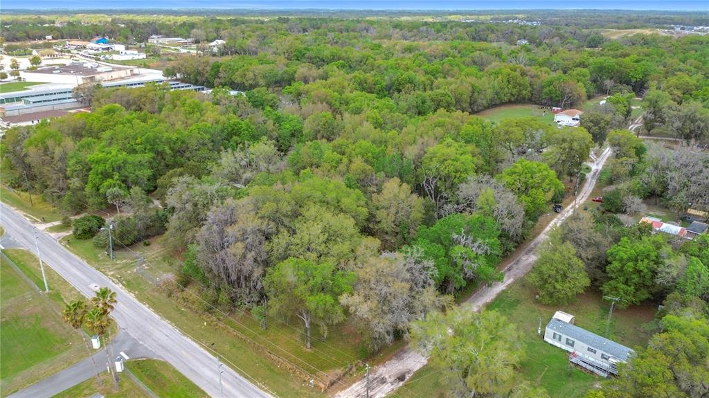 An aerial view shows a wooded lot bordered by a road and a dirt path — 10160 SE 49TH COURT, BELLEVIEW, FL