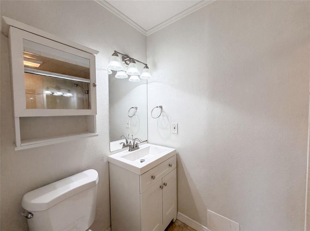 A bathroom features a white vanity with a sink, a mirror, and a wall cabinet — 2805 105TH STREET E, PALMETTO, FL