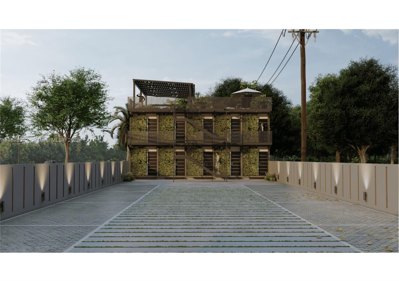 A rendering of a two-story container-style building with a rooftop terrace and exterior staircase — SW 45th St, Davie FL 33314, DAVIE, FL