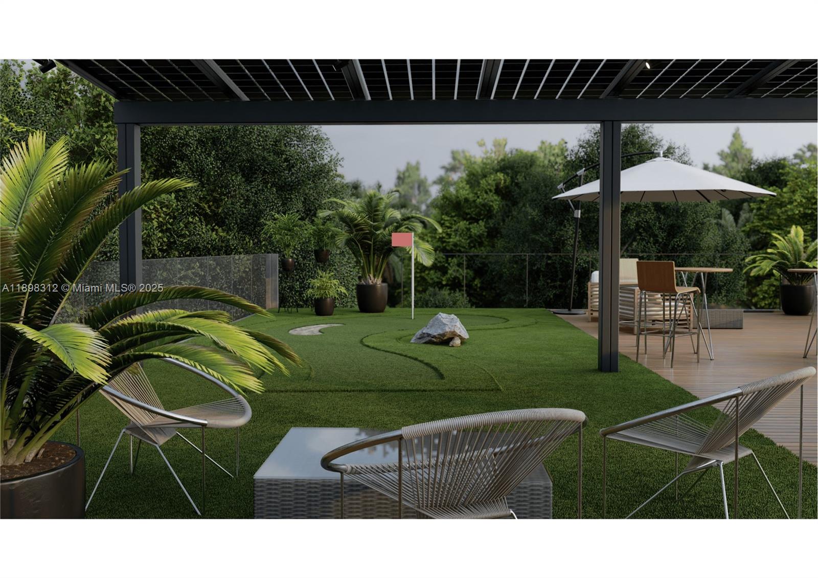 This rendering shows an outdoor terrace featuring a putting green, seating area, and pergola — SW 45th St, Davie FL 33314, DAVIE, FL