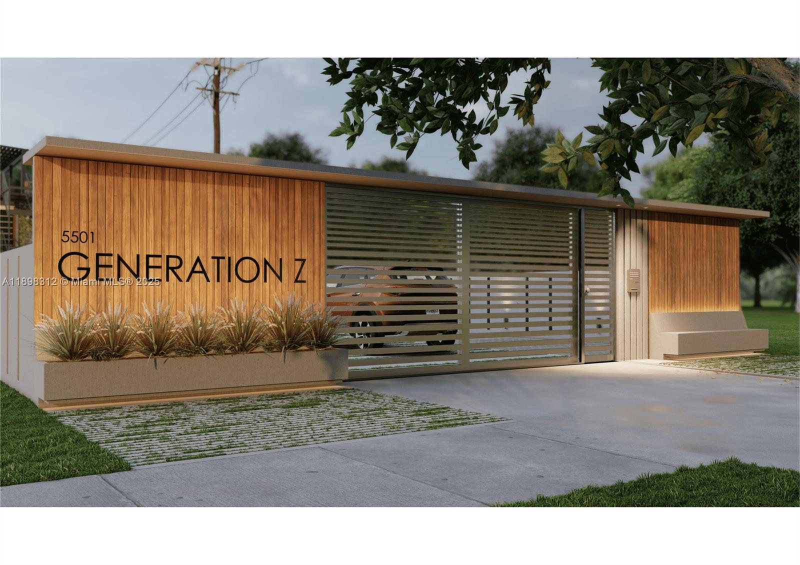 This is a rendering of a modern gated entrance featuring wood paneling and horizontal slats — SW 45th St, Davie FL 33314, DAVIE, FL