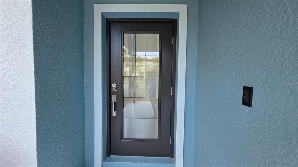 A dark brown front door with a glass insert is set in a blue wall — 11883 PULITZER PLACE, ORLANDO, FL