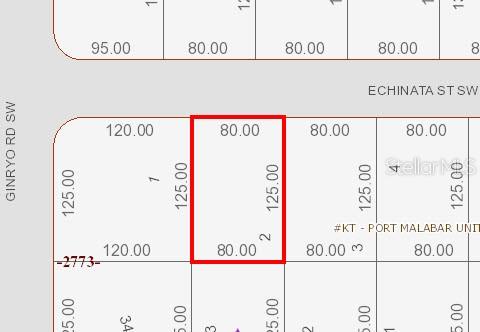 This is a plat map showing a rectangular residential lot highlighted in red — 1092 ECHINATA STREET SW, PALM BAY, FL