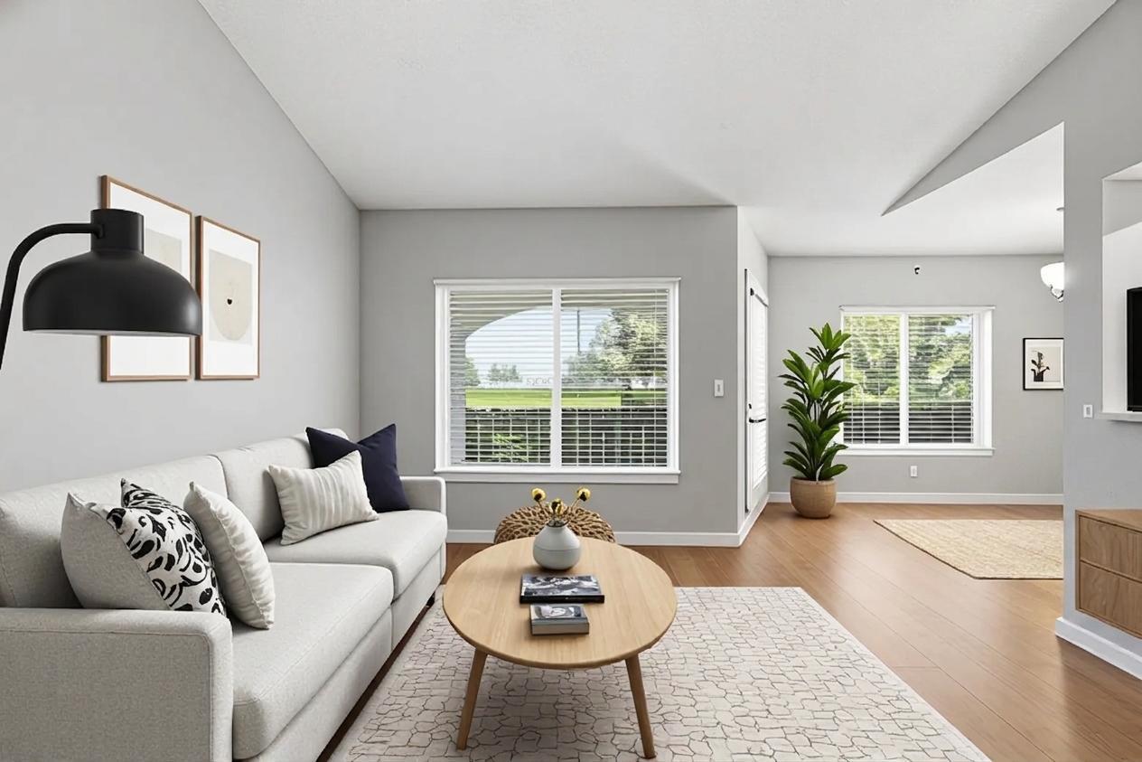 A living room features light gray walls, wood flooring, a sofa, and two windows — 815 Boynton Beach Boulevard # 8203, Boynton Beach FL 33426, BOYNTON BEACH, FL