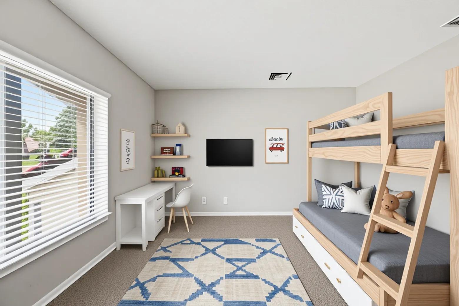 A bedroom features a wooden bunk bed, a white desk, wall shelves, and a television — 815 Boynton Beach Boulevard # 8203, Boynton Beach FL 33426, BOYNTON BEACH, FL
