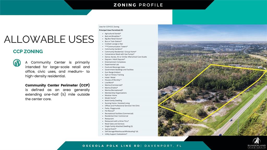 This is a zoning profile document featuring a list of allowable uses and an aerial map — OSCEOLA POLK LINE ROAD, DAVENPORT, FL