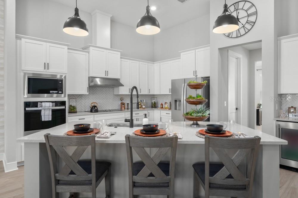 A modern kitchen features white cabinetry, a large center island with seating, and pendant lighting — 3841 SADDLE HILL TRAIL, FRUITLAND PARK, FL