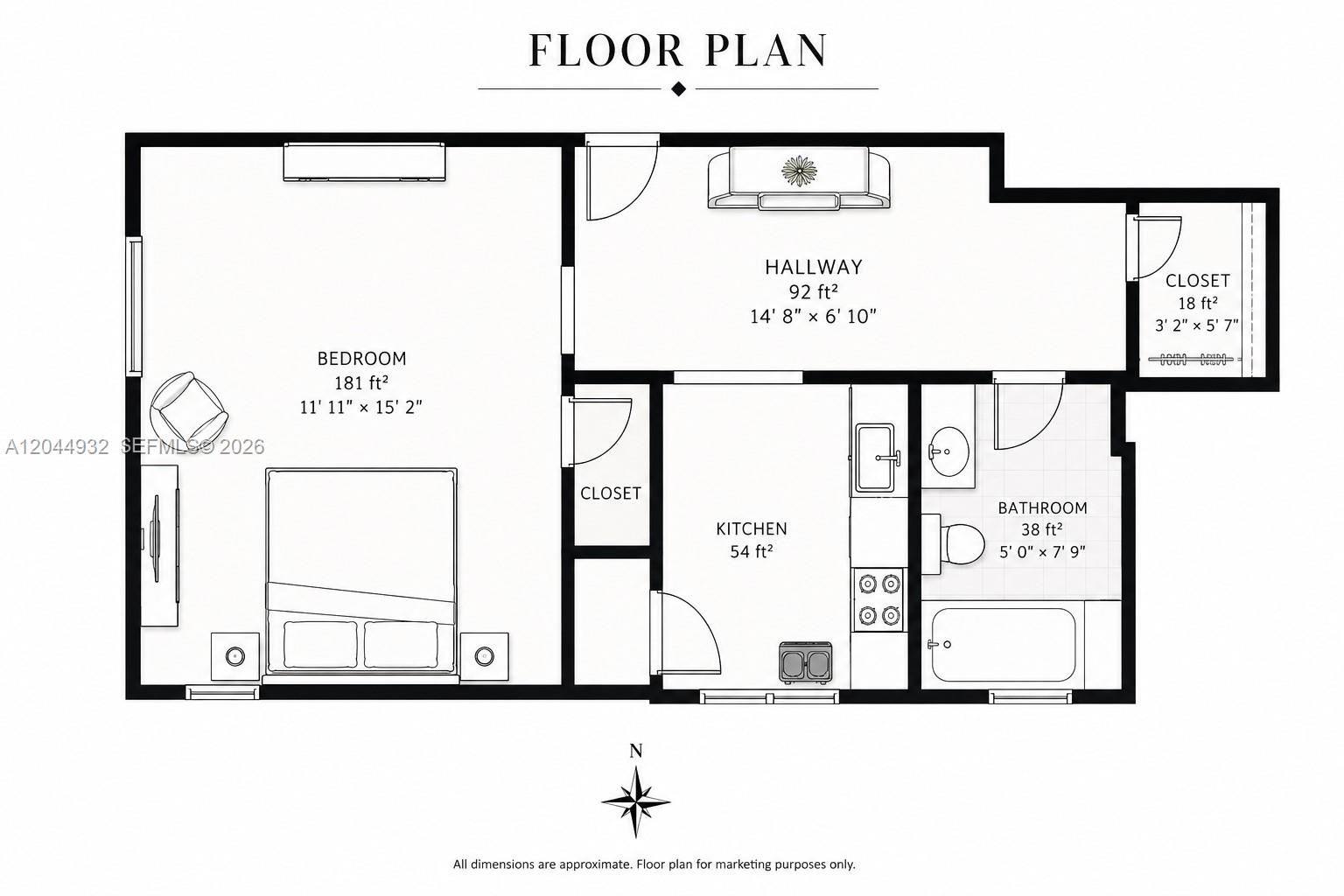 This is a floor plan showing a one-bedroom apartment layout with a kitchen and bathroom — 503 75th St # 7504, Miami Beach FL 33141, MIAMI BEACH, FL