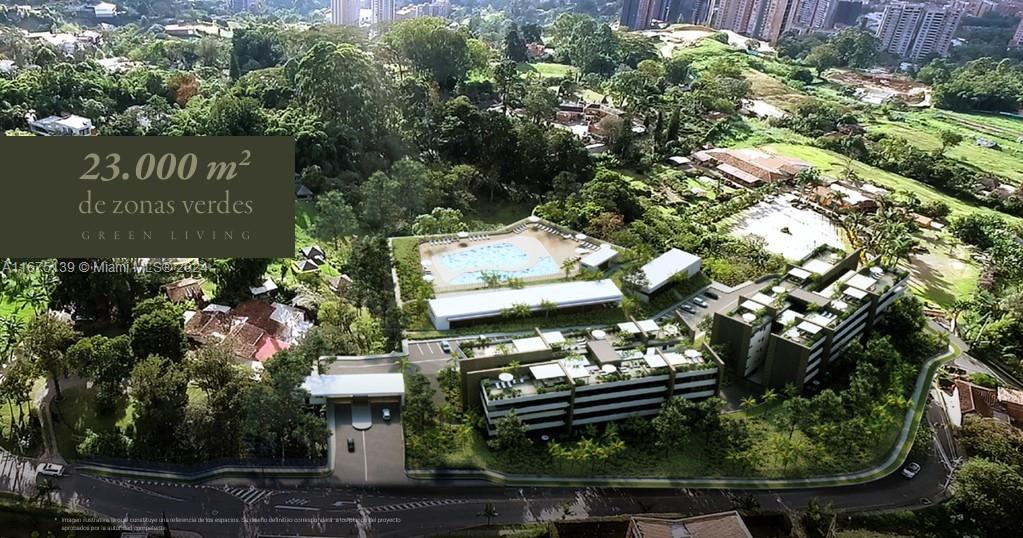 This architectural rendering shows a modern apartment complex surrounded by extensive green space and trees — Colombia-Cl 36d Sur #24-57 # 424, AN 055427, AN