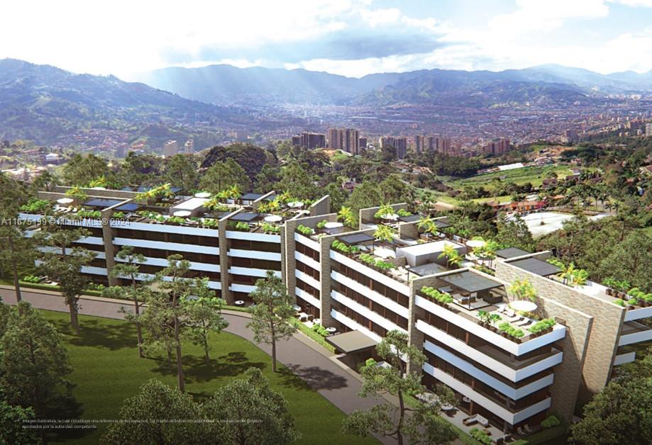 This architectural rendering shows a modern multi-story apartment building nestled in a lush, hilly landscape — Colombia-Cl 36d Sur #24-57 # 424, AN 055427, AN