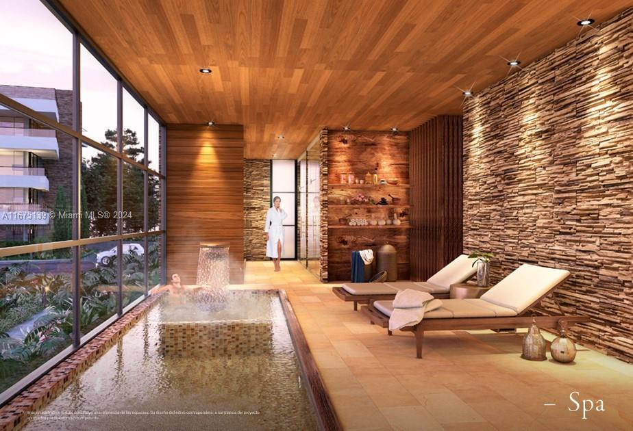 This rendering shows a spa room with a small pool, lounge chairs, and stone walls — Colombia-Cl 36d Sur #24-57 # 424, AN 055427, AN