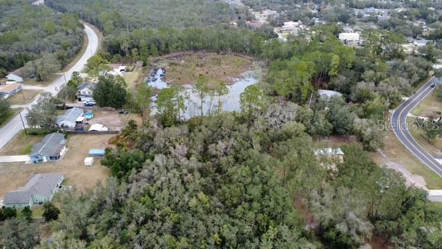 An aerial view shows a wooded lot with a pond surrounded by residential houses — PERIWINKLE DRIVE, DELAND, FL
