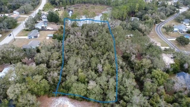 An aerial view shows a wooded, rectangular lot outlined in blue near a residential street — PERIWINKLE DRIVE, DELAND, FL