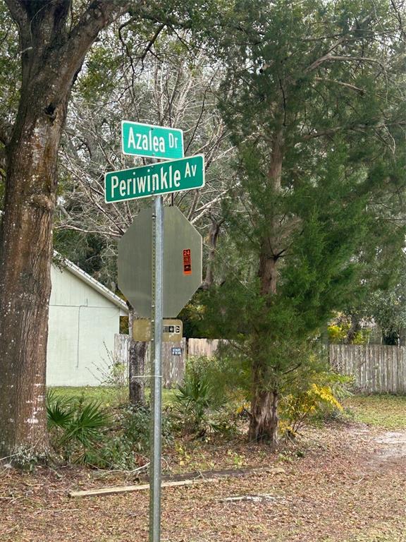 A street sign at the intersection of Azalea Drive and Periwinkle Avenue stands outdoors — PERIWINKLE DRIVE, DELAND, FL