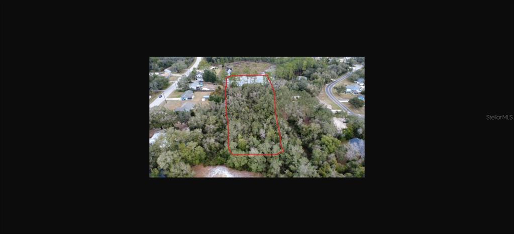 An aerial view shows a rectangular, tree-covered plot of land outlined in red — PERIWINKLE DRIVE, DELAND, FL