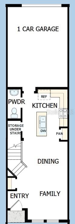 This is a floor plan for the first level of a home featuring a garage, kitchen, and living area — 4333 ROUSH AVENUE, ORLANDO, FL